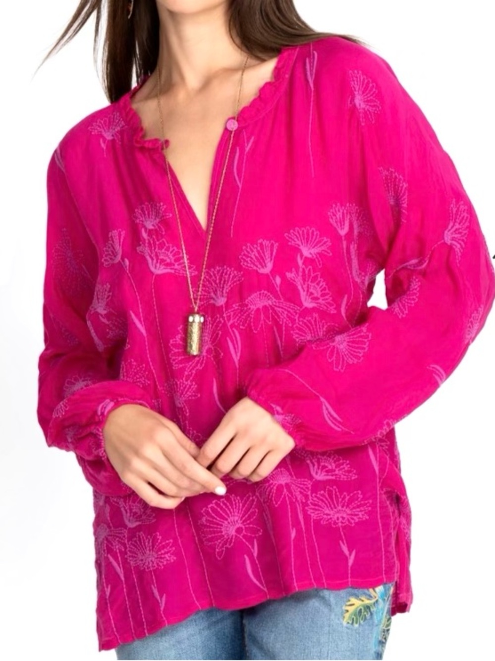 NEW Johnny Was Daisy Arianda Blouse Floral Embroidery Flowy Pink Size S